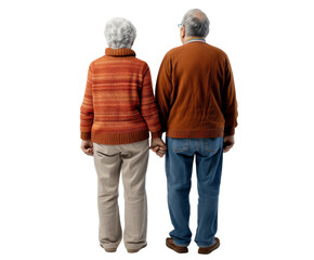 Elderly couple standing back view holding hands..