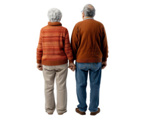 Elderly couple standing back view holding hands..