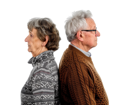 Elderly couple standing back view holding hands..