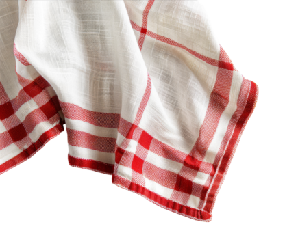 Vintage kitchen cloth with red border and checkered pattern on white background..
