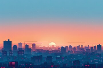Fototapeta premium Sunset over a city with blue sky and twinkling stars