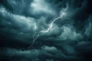 Obraz premium dramatic lightning bolt piercing a turbulent storm cloud stark white against a dark textured sky crackling with raw electrical energy