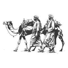 Fototapeta premium Ancient Arabian Merchants Traveling by Camel in the Desert