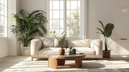 Bright and Airy Living Room with Large Windows and Indoor Plants