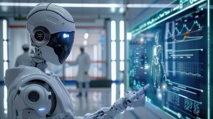 Fototapeta premium Advanced medical robots interact with virtual charts, conducting diagnostics in a futuristic clinical setting