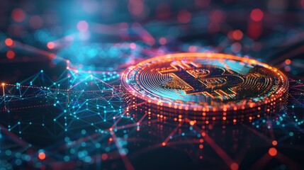 A low-polygon 3D rendering of a bitcoin coin hovering over a network of interconnected geometric nodes and lines, emphasizing the blockchain technology and decentralized finance system