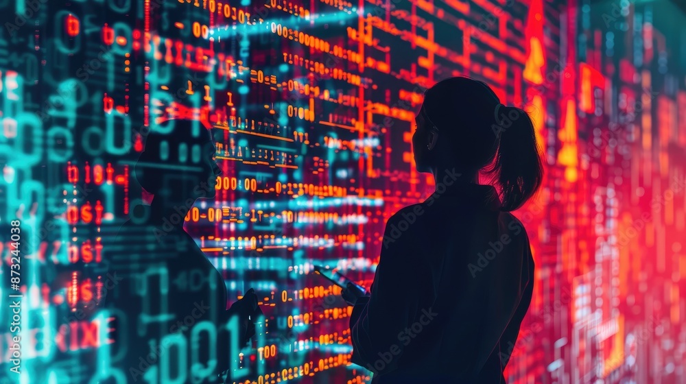 Poster ai software engineers silhouetted against digital screens showing binary digits and software data, i