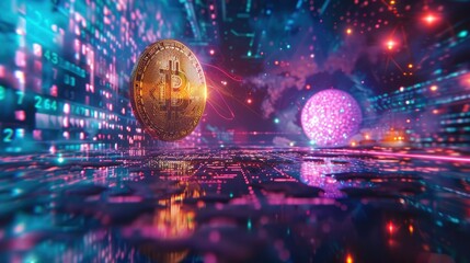 A low-poly 3D rendering of a bitcoin coin floating in a futuristic digital environment, with abstract shapes and vibrant neon lights, illustrating the modern and dynamic world of