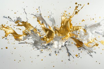 dynamic gold and silver paint splatters colliding midair creating an explosive shimmering artwork against a stark white background