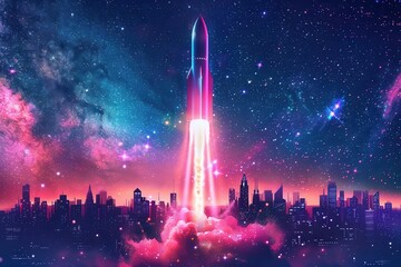 dynamic illustration of a sleek rocket launching into a starstudded sky leaving a trail of neonlit exhaust symbolizing innovation and progress against a futuristic cityscape