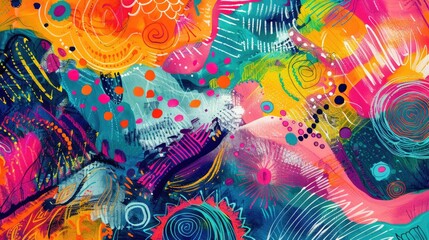 An abstract granny banner background featuring a mix of bright colors and dynamic patterns, capturing a whimsical and cheerful essence