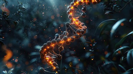 3D DNA symbiosis of molecules, full color coded, dark background, C4D render, illustration background