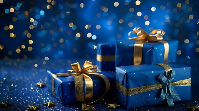 High-resolution image of blue gifts with bold golden ribbons, against a cobalt blue background with small white stars, artistic style