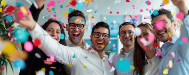 Team celebrating business growth with confetti, copy space, milestone achievement, surreal, overlay, event hall backdrop