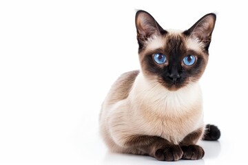 elegant siamese cat with piercing blue eyes in a regal pose set against a minimalist white background to highlight its sleek form and chocolate point coloration