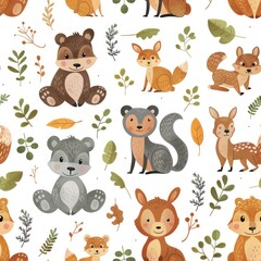 Obraz premium Delightful seamless pattern of forest animals such as bears, deer, and squirrels in a cartoon style. The 2D illustration is designed with a soft color palette, making it perfect for baby products,