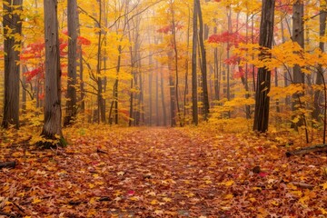 enchanted autumn forest with towering trees in rich gold and crimson hues misty pathways winding through a carpet of fallen leaves