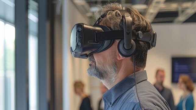 A man uses a VR headset and headphones in a modern office to explore virtual reality in a hightech setting AIG62