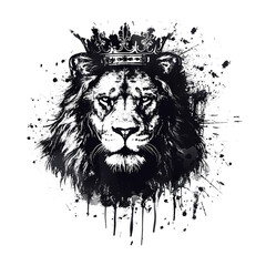 Obraz premium Black and white illustration of a lion wearing a crown, with ink splatters. Wildlife Animals.