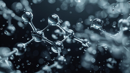 A close up of a water droplet with a molecule in the center