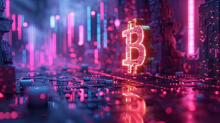 Fototapeta premium A futuristic low-poly 3D scene with a golden bitcoin symbol hovering over a digital grid, surrounded by abstract shapes and neon lights, highlighting the digital nature of cryptocurrency