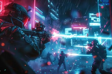 epic battle scene with cyberpunk warriors wielding energy weapons neonlit dystopian cityscape dramatic lightning and holographic ui elements
