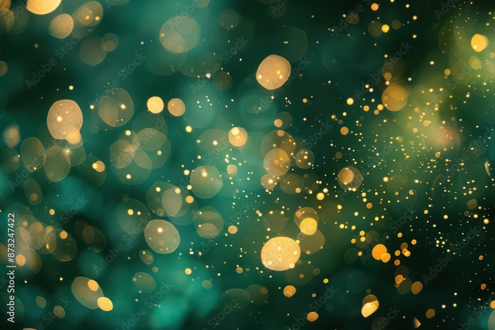 Poster ethereal golden bokeh lights dancing on a soft dreamy emerald green background abstract blurred comp
