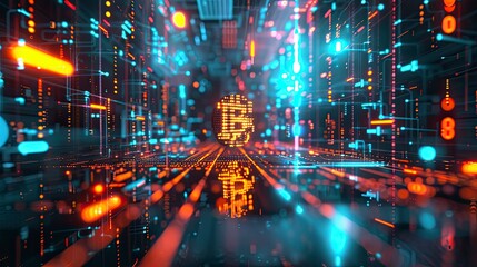 Fototapeta premium A futuristic low-poly 3D scene featuring a golden bitcoin symbol floating above a digital grid with neon lights and abstract shapes, highlighting the digital and innovative nature of