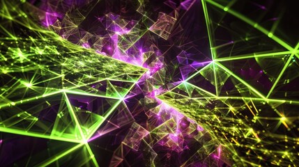 A digital rendering of geometric fractals expanding infinitely, with intricate patterns of triangles and squares in neon green and purple.