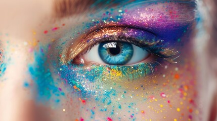 Beautiful model with vibrant art makeup. Colorful eye close-up. Creative splash makeup resembling Holi festival.