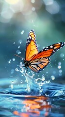 Obraz premium Monarch butterfly gracefully taking flight from a water droplet