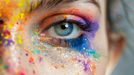 Beautiful model with vibrant art makeup. Colorful eye close-up. Creative splash makeup resembling Holi festival.