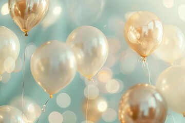 ethereal white and gold balloons floating in a dreamy pastelhued sky soft diffused light creates a magical atmosphere with delicate shadows and reflections