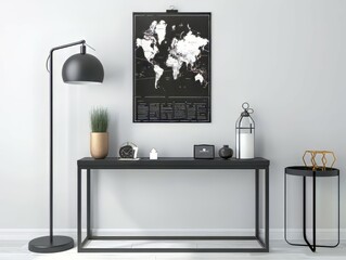 Minimalist world map poster in black and white with a modern interior room mockup