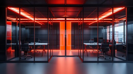High-tech workspace featuring frosted glass panels with red and orange accents, set against a matte black background.
