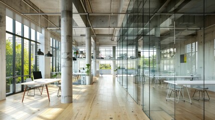 Modern Office Space with Glass Partitions and Natural Lighting