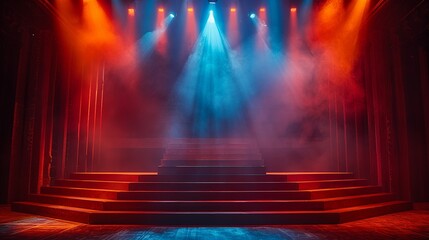 Theatre production stage podium with theatrical props, costume designs, and dramatic lighting effects. , Minimalism,