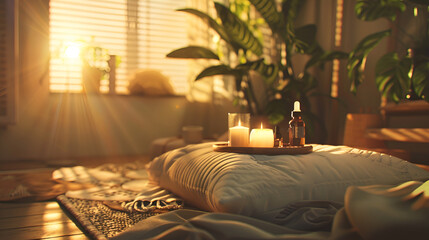 Cozy Sunset Meditation Corner with Candles and Essential Oils