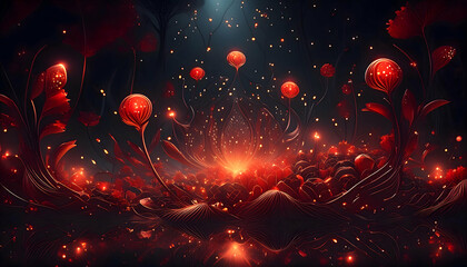 luminous elements surrounded red particles with glowing elements against a black dark background, Generative AI.