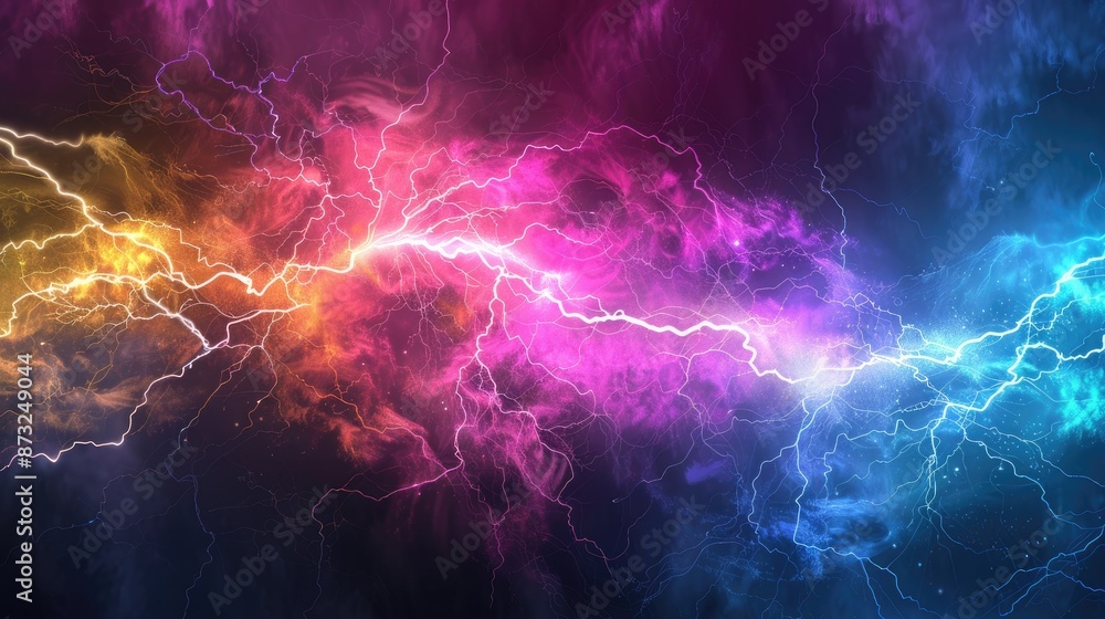 Poster colorful abstract backdrop with lightning bolts in rainbow hues, creating a dramatic and electrifyin