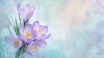Tender violet crocus flowers in pastel hues on light blue backdrop with selective focus evoking spring