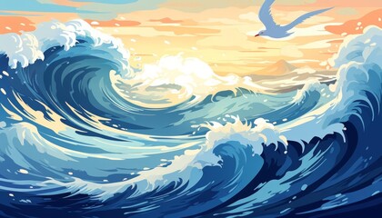 Albatross gliding over ocean waves flat design top view marine theme cartoon drawing vivid