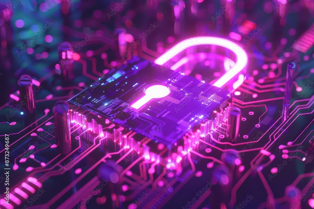 Aufkleber futuristic cybersecurity concept with glowing purple padlock digital fortress on circuit board backg