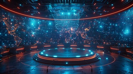 Virtual networking event stage podium with global connectivity themes, virtual avatars, and digital meeting space. , Minimalism,