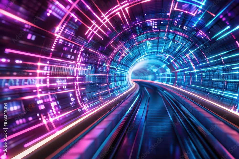 Poster futuristic digital tunnel pulsing with vibrant neon lights data streams flowing through its core emb