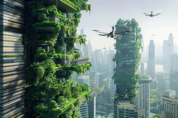 Obraz premium futuristic ecocity with towering skyscrapers covered in lush vertical gardens flying vehicles weaving between buildings crystalclear waterways below