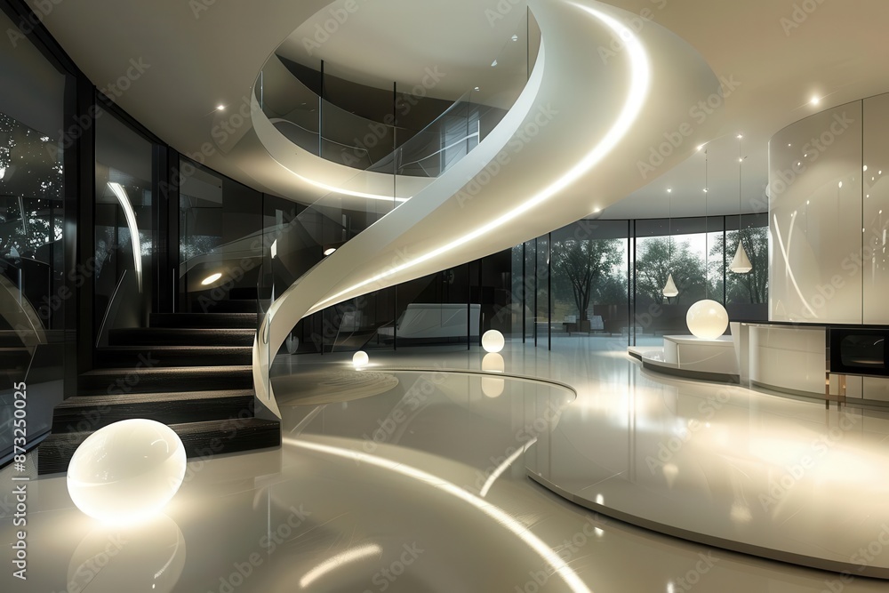Poster futuristic entrance hall with spiral staircase glass walls and hovering light orbs sleek minimalist 