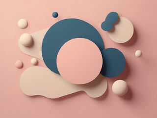 Abstract minimal banner in retro style. Muted blue and beige amorphous shapes on pink background. 