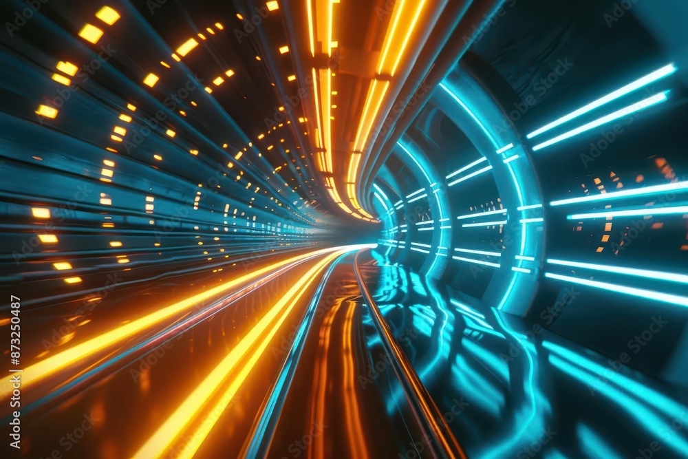 Poster futuristic highspeed tunnel with pulsating blue and yellow neon lines streaking past creating a sens