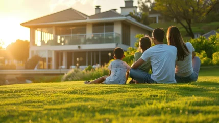 A family sits on the lawn in front of their new home © Maksym Dykha